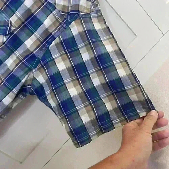 Wrangler WRancher Shirt Mens XL Plaid Pearl Snap Short Sleeve Flap Pockets Blue - Picture 6 of 13